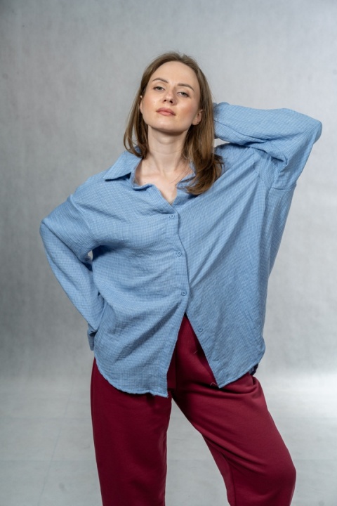 Koszula damska oversize JOY - błękitna, 100% bawełna casual