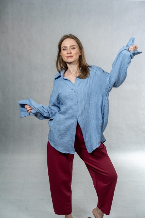 Koszula damska oversize JOY - błękitna, 100% bawełna casual