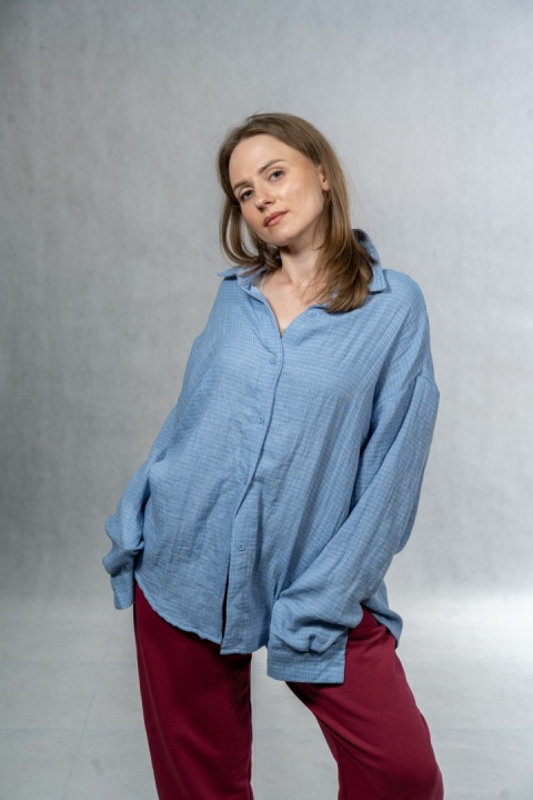Koszula damska oversize JOY - błękitna, 100% bawełna casual