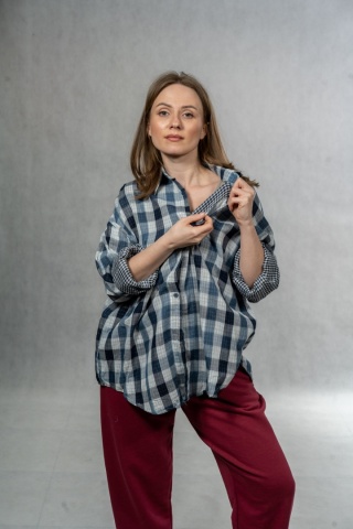 Koszula damska oversize w kratę JOY - granatowa, 100% bawełna casual