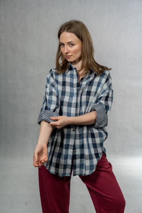 Koszula damska oversize w kratę JOY - granatowa, 100% bawełna casual