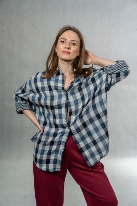 Koszula damska oversize w kratę JOY - granatowa, 100% bawełna casual
