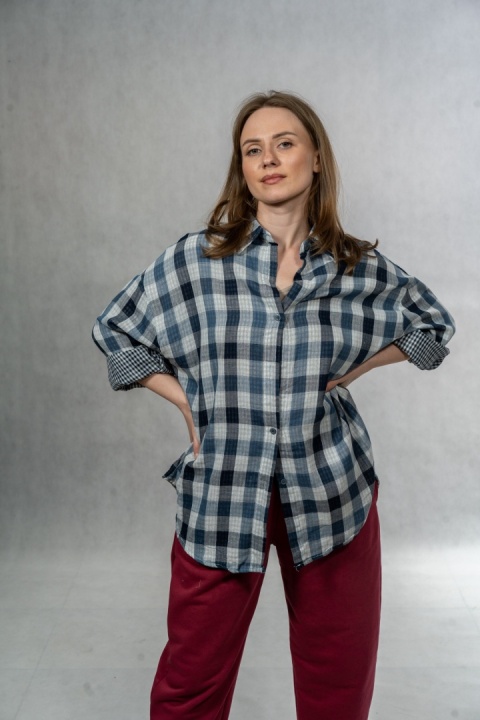 Koszula damska oversize w kratę JOY - granatowa, 100% bawełna casual