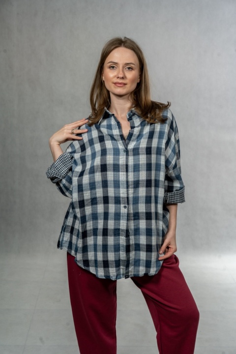 Koszula damska oversize w kratę JOY - granatowa, 100% bawełna casual
