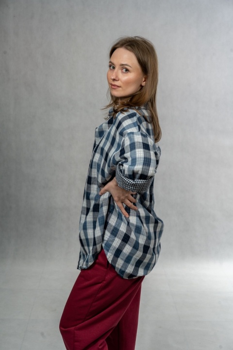 Koszula damska oversize w kratę JOY - granatowa, 100% bawełna casual
