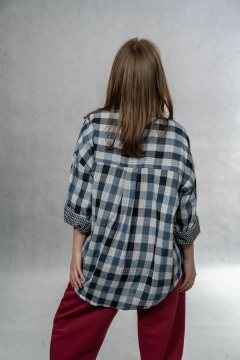 Koszula damska oversize w kratę JOY - granatowa, 100% bawełna casual
