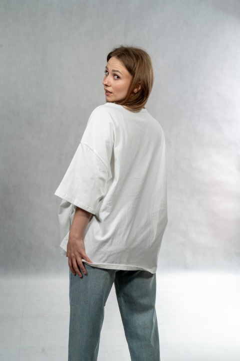 T-shirt Casual Line Art Patch Tee - Biały