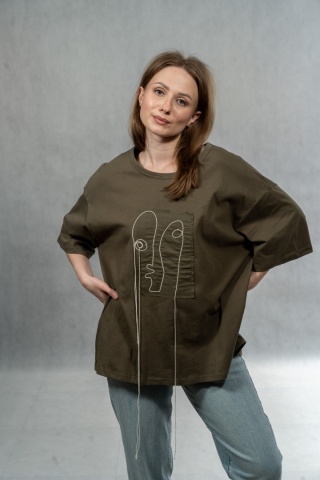 T-shirt Casual Line Art Patch Tee - Khaki