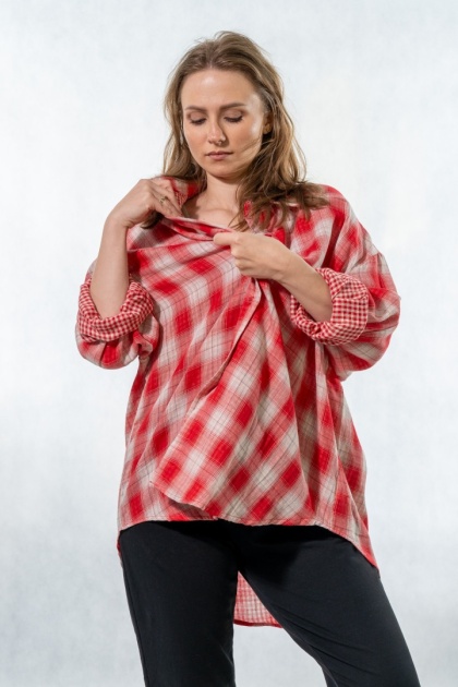 Koszula oversize w kratę czerwono-beżową – 100% bawełna