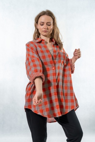 Koszula oversize w kratę pomarańczowo-szarą - 100% bawełna