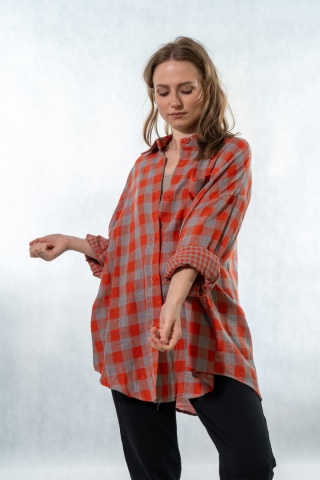 Koszula oversize w kratę pomarańczowo-szarą - 100% bawełna