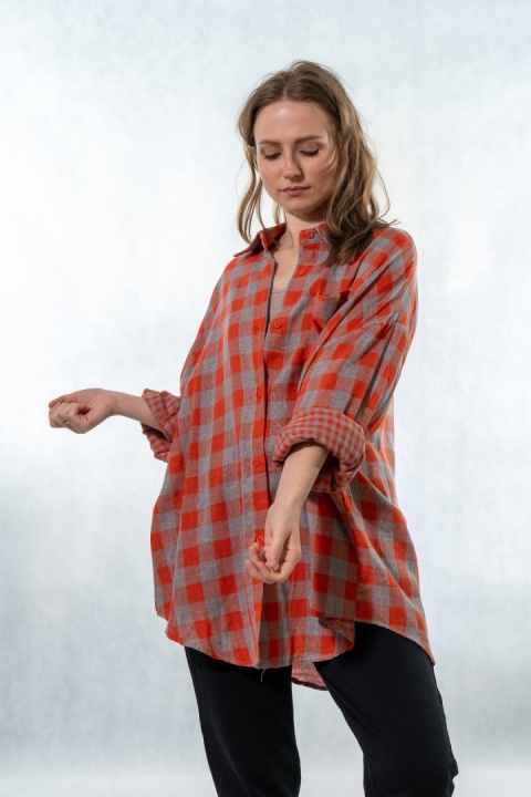 Koszula oversize w kratę pomarańczowo-szarą - 100% bawełna
