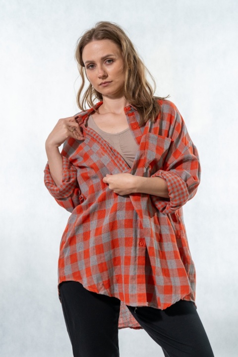 Koszula oversize w kratę pomarańczowo-szarą - 100% bawełna
