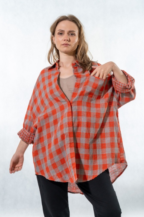 Koszula oversize w kratę pomarańczowo-szarą - 100% bawełna