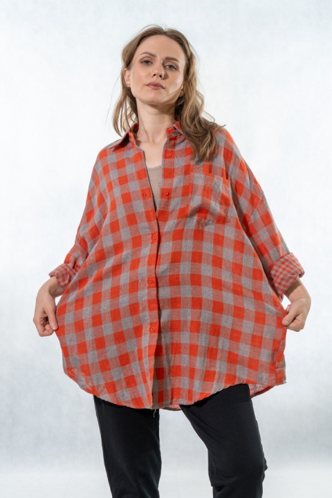 Koszula oversize w kratę pomarańczowo-szarą - 100% bawełna