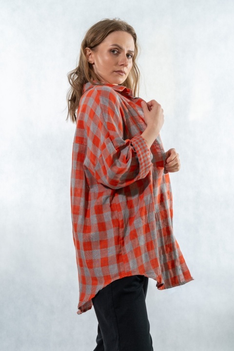 Koszula oversize w kratę pomarańczowo-szarą - 100% bawełna