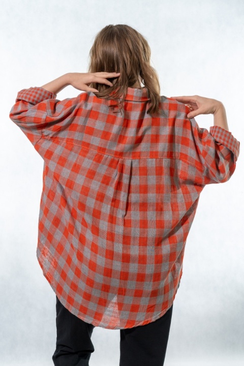 Koszula oversize w kratę pomarańczowo-szarą - 100% bawełna
