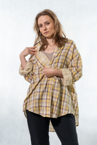 Koszula oversize w kratę żółto-beżową – 100% bawełna