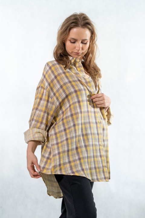 Koszula oversize w kratę żółto-beżową – 100% bawełna