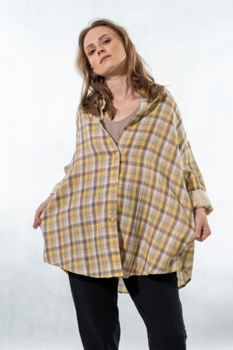 Koszula oversize w kratę żółto-beżową – 100% bawełna