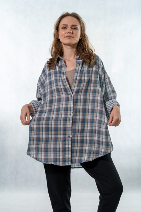 Koszula oversize w kratę błękitno-beżową - 100% bawełna
