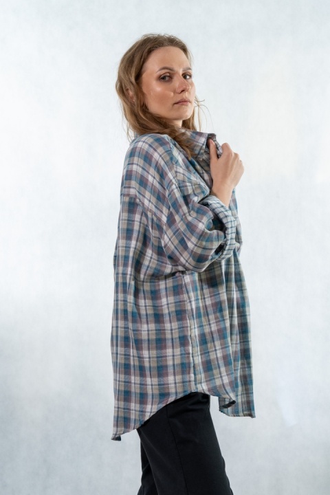 Koszula oversize w kratę błękitno-beżową - 100% bawełna