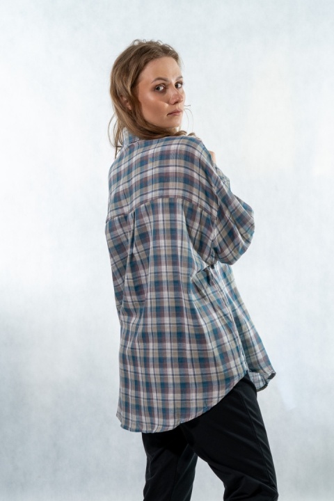Koszula oversize w kratę błękitno-beżową - 100% bawełna