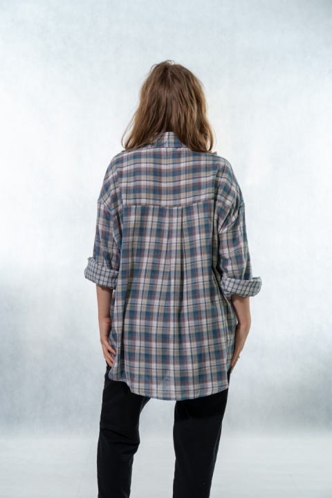 Koszula oversize w kratę błękitno-beżową - 100% bawełna