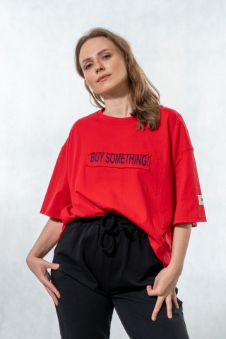 T-shirt oversize „BUY SOMETHING!” - Czerwony