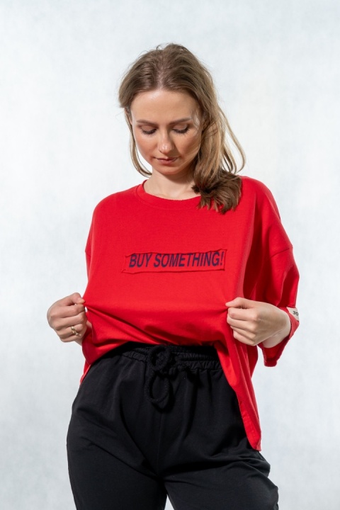 T-shirt oversize „BUY SOMETHING!” - Czerwony