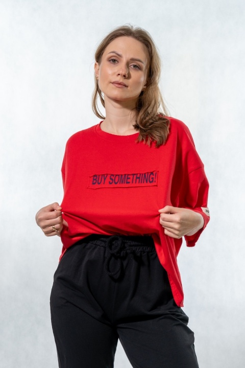 T-shirt oversize „BUY SOMETHING!” - Czerwony