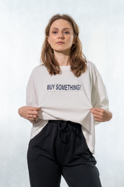 T-shirt oversize „BUY SOMETHING!” - Biały