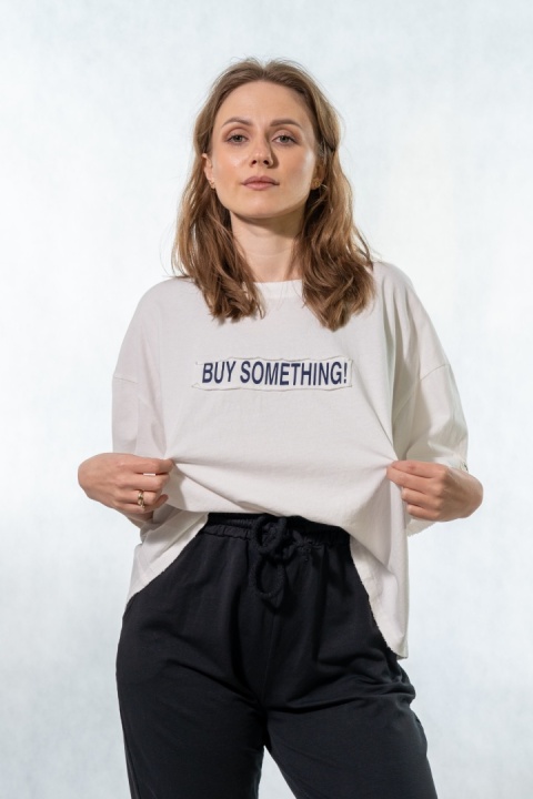 T-shirt oversize „BUY SOMETHING!” - Biały