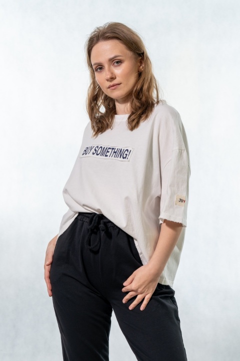 T-shirt oversize „BUY SOMETHING!” - Biały