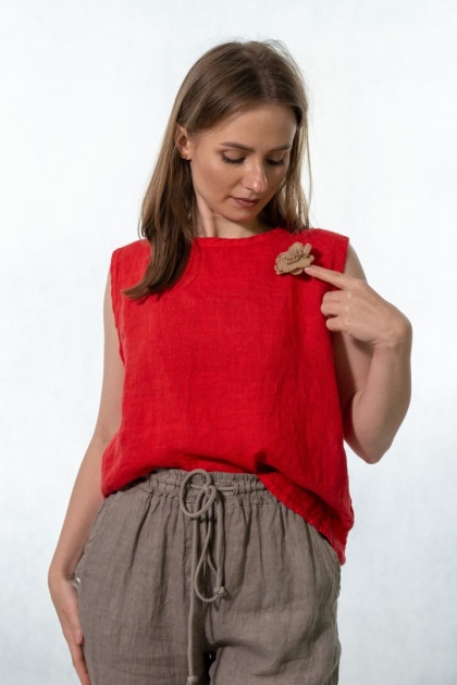 lniany top damski z broszką Gioya & Co. - Flame red