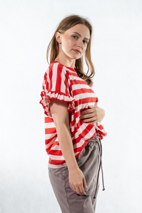 Bluzka damska Wiya w paski z falbanką przy rękawach - Rosso