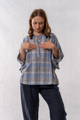 Bluzka oversize w kratę 100% bawełna – błękitno-szara