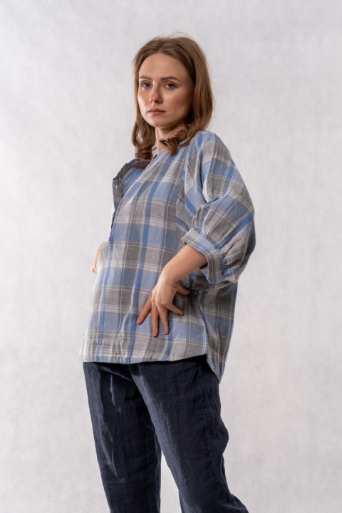 Bluzka oversize w kratę 100% bawełna – błękitno-szara
