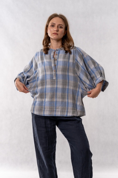 Bluzka oversize w kratę 100% bawełna – błękitno-szara