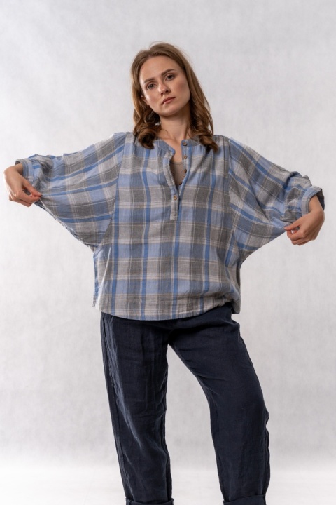 Bluzka oversize w kratę 100% bawełna – błękitno-szara