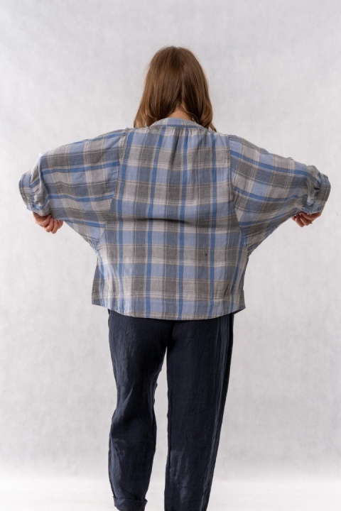 Bluzka oversize w kratę 100% bawełna – błękitno-szara