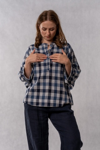 Bluzka oversize w kratę 100% bawełna – granatowo-niebieska
