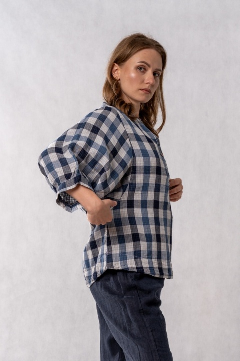 Bluzka oversize w kratę 100% bawełna – granatowo-niebieska