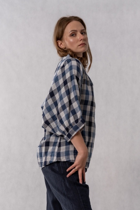 Bluzka oversize w kratę 100% bawełna – granatowo-niebieska
