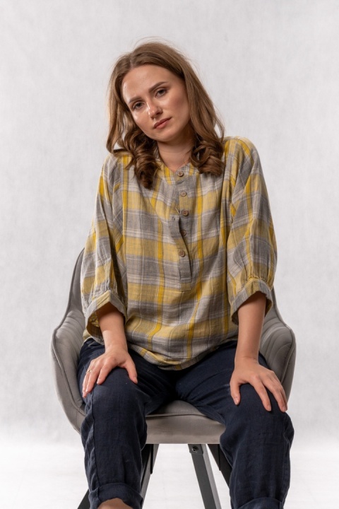 Bluzka oversize w kratę 100% bawełna – słoneczny żółty