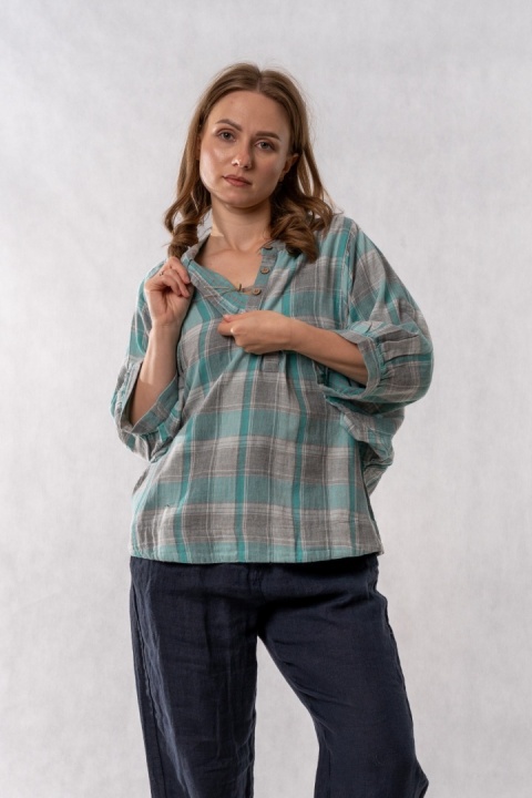 Bluzka oversize w kratę 100% bawełna – miętowo-szara