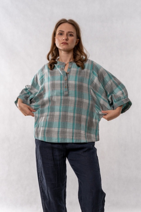 Bluzka oversize w kratę 100% bawełna – miętowo-szara
