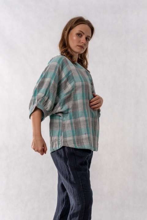 Bluzka oversize w kratę 100% bawełna – miętowo-szara