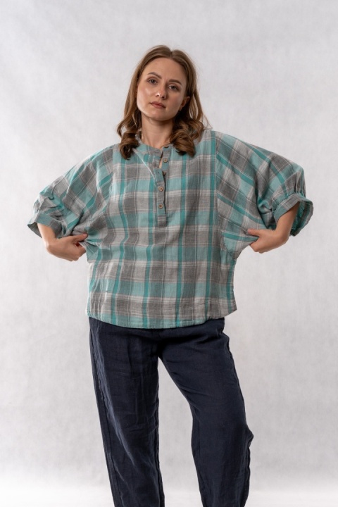 Bluzka oversize w kratę 100% bawełna – miętowo-szara