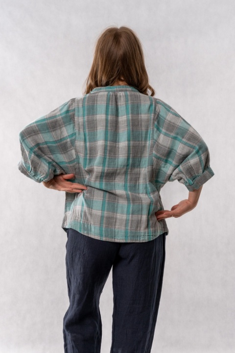Bluzka oversize w kratę 100% bawełna – miętowo-szara
